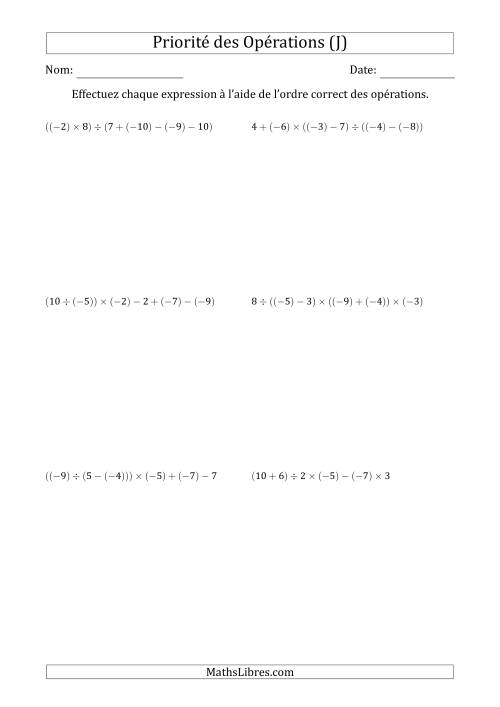 Priorité des Opérations sur les Nombres Entiers Positifs  Négatifs à Cinq Étapes (Sans Exposents) (J)