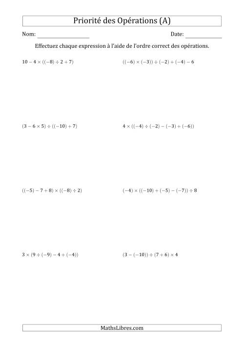 Priorité des Opérations sur les Nombres Entiers Positifs  Négatifs à Quatre Étapes (Sans Exposents) (A)
