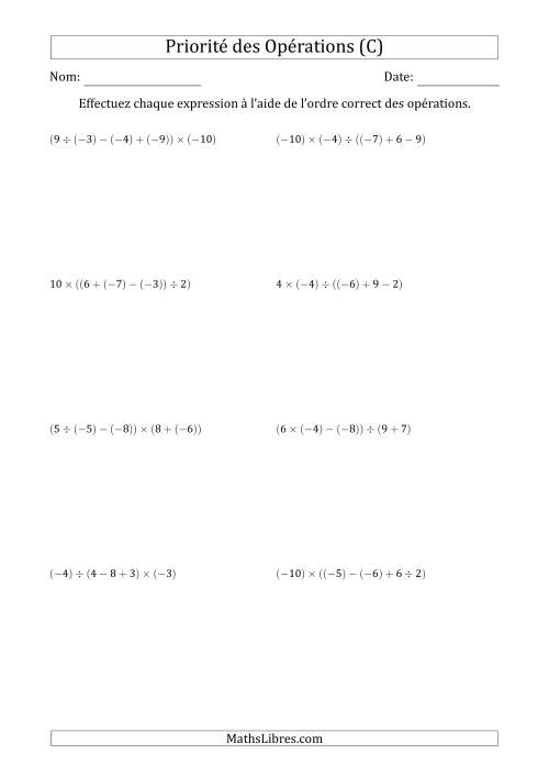 Priorité des Opérations sur les Nombres Entiers Positifs  Négatifs à Quatre Étapes (Sans Exposents) (C)