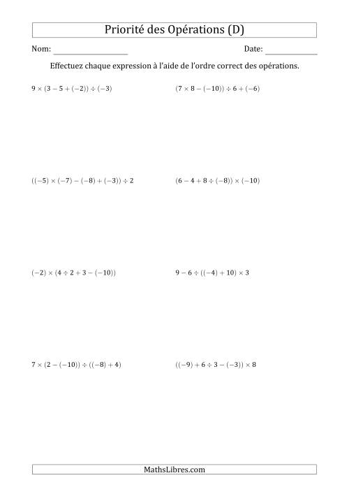 Priorité des Opérations sur les Nombres Entiers Positifs  Négatifs à Quatre Étapes (Sans Exposents) (D)
