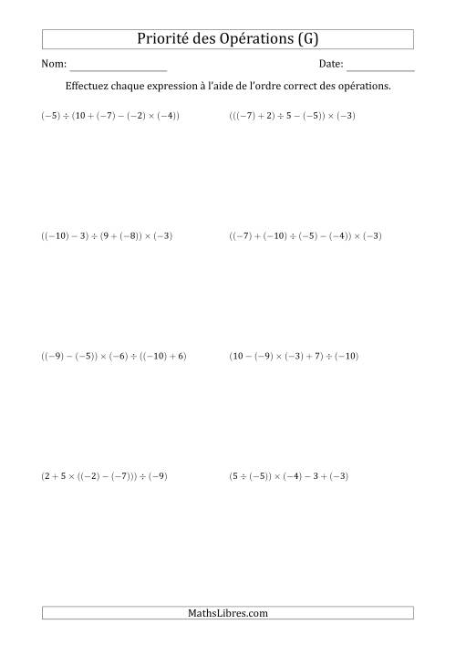 Priorité des Opérations sur les Nombres Entiers Positifs  Négatifs à Quatre Étapes (Sans Exposents) (G)