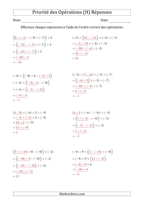Priorité des Opérations sur les Nombres Entiers Positifs  Négatifs à Quatre Étapes (Sans Exposents) (H) page 2