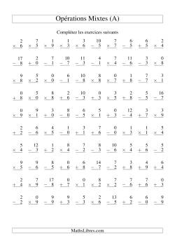 Addition, Soustraction et Multiplication -- Variation 0 à 9