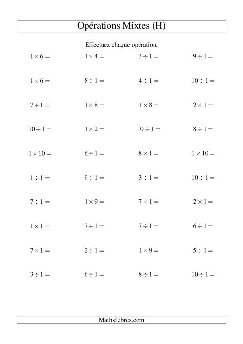 Multiplication et division -- Règles de 1 (variation 1 à 10) (H)