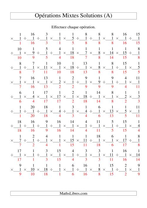 Multiplication et Division -- Règles de 1 (Variation 1 à 20) (A) page 2