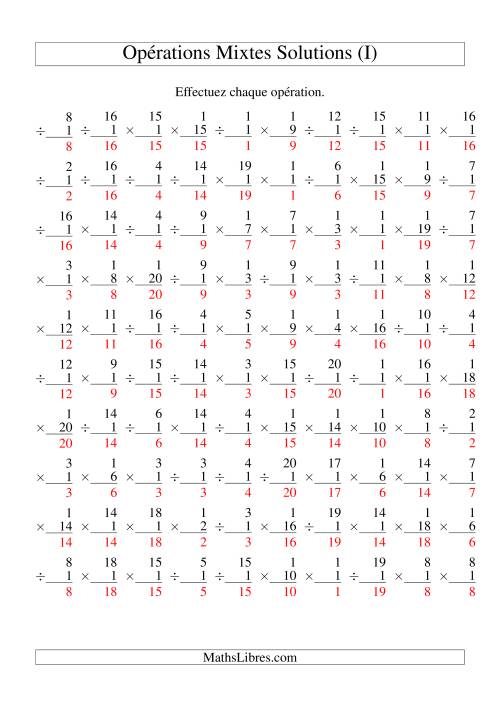 Multiplication et Division -- Règles de 1 (Variation 1 à 20) (I) page 2