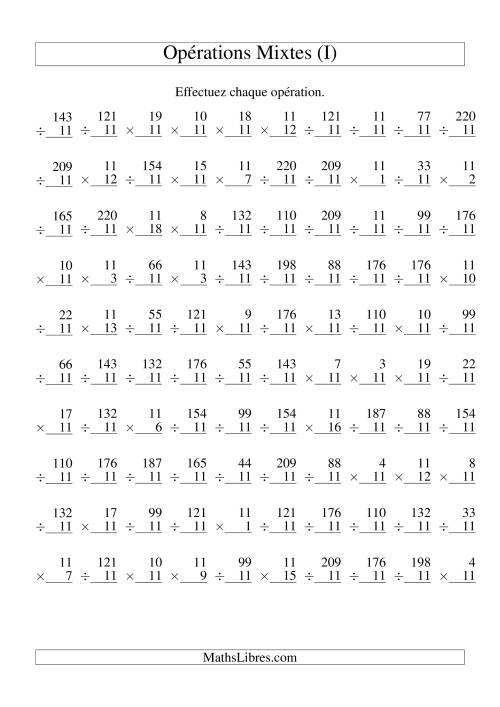 Multiplication et Division -- Règles de 11 (Variation 1 à 20) (I)