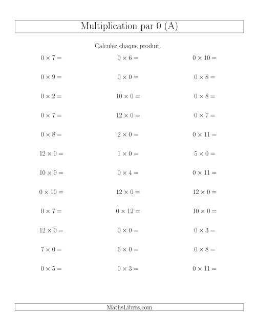 Règles de Multiplication Individuelles -- Multiplication par 0 -- Variation 0 à 12 (A)
