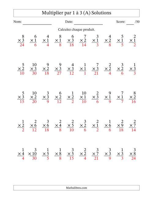 Multiplier (1 à 10) par 1 à 3 (50 Questions) (A) page 2