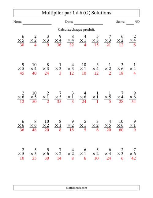Multiplier (1 à 10) par 1 à 6 (50 Questions) (G) page 2