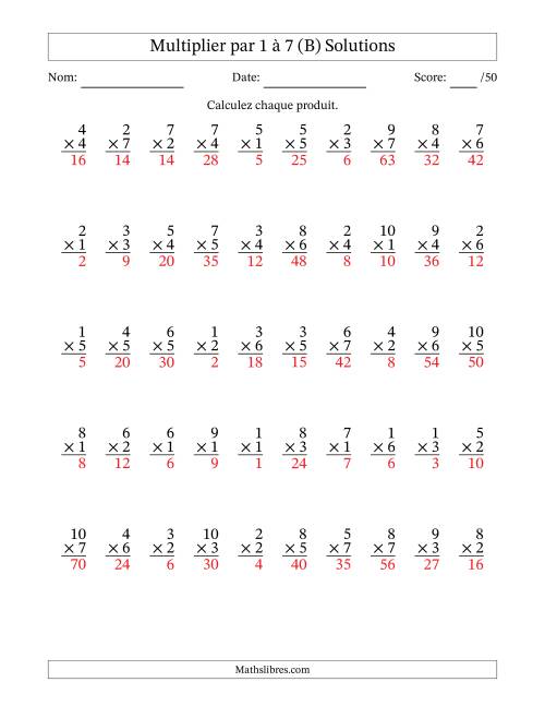 Multiplier (1 à 10) par 1 à 7 (50 Questions) (B) page 2