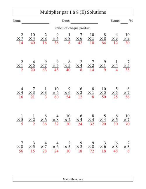 Multiplier (1 à 10) par 1 à 8 (50 Questions) (E) page 2