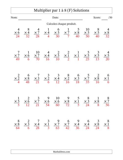 Multiplier (1 à 10) par 1 à 8 (50 Questions) (F) page 2