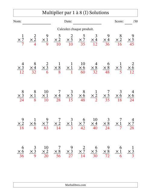 Multiplier (1 à 10) par 1 à 8 (50 Questions) (I) page 2