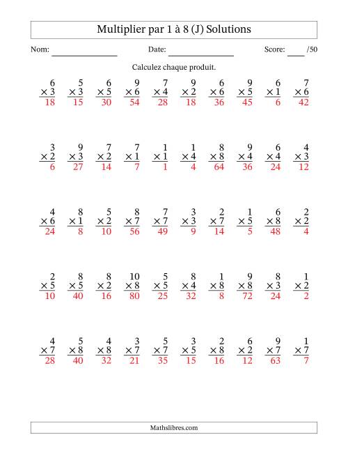 Multiplier (1 à 10) par 1 à 8 (50 Questions) (J) page 2