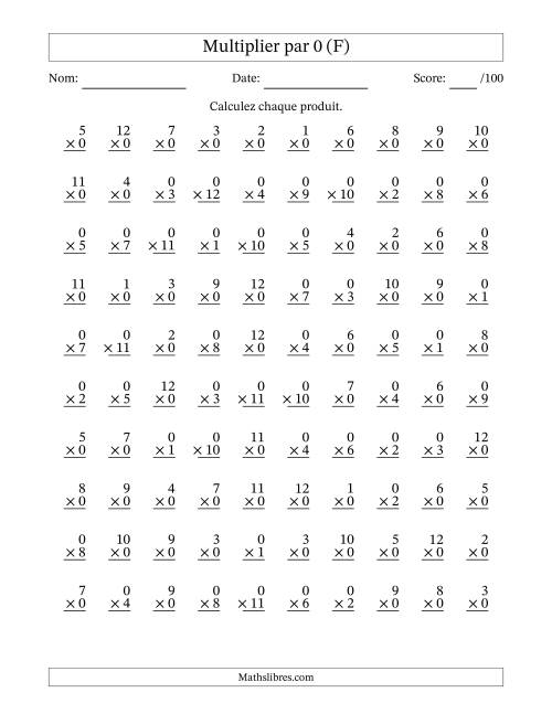 Multiplier (1 à 12) par 0 (100 Questions) (F)