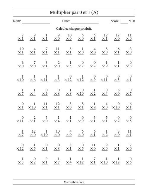 Multiplier (1 à 12) par 0 et 1 (100 Questions) (A)