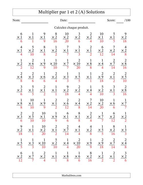 Multiplier (1 à 10) par 1 et 2 (100 Questions) (A) page 2