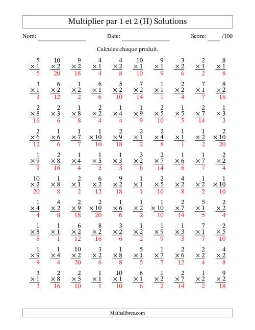 Multiplier (1 à 10) par 1 et 2 (100 Questions) (H) page 2