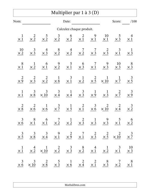 Multiplier (1 à 10) par 1 à 3 (100 Questions) (D)
