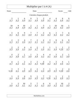 Multiplier (1 à 10) par 1 à 4 (100 Questions)