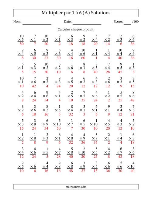 Multiplier (1 à 10) par 1 à 6 (100 Questions) (A) page 2