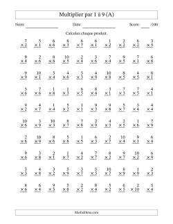 Multiplier (1 à 10) par 1 à 9 (100 Questions)