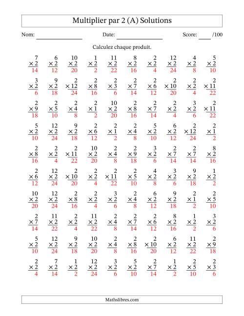 Multiplier (1 à 12) par 2 (100 Questions) (A) page 2