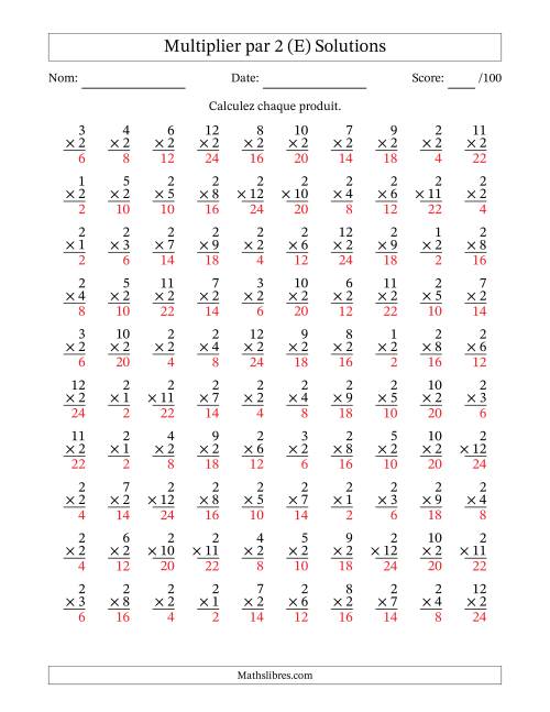 Multiplier (1 à 12) par 2 (100 Questions) (E) page 2