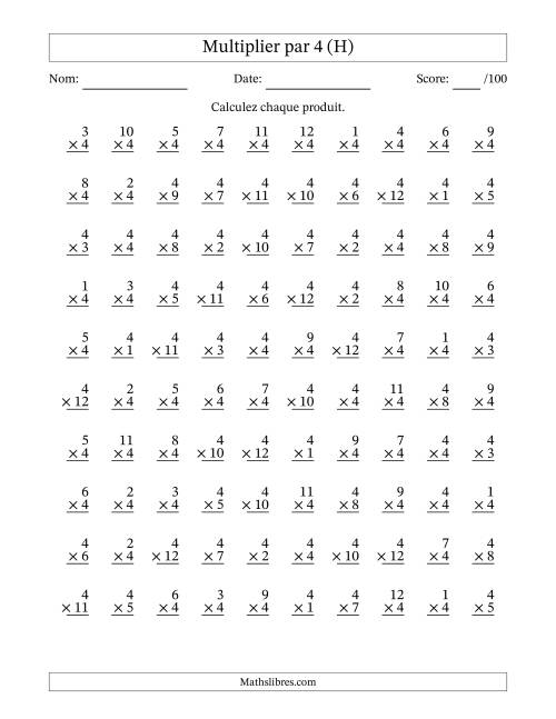 Multiplier (1 à 12) par 4 (100 Questions) (H)