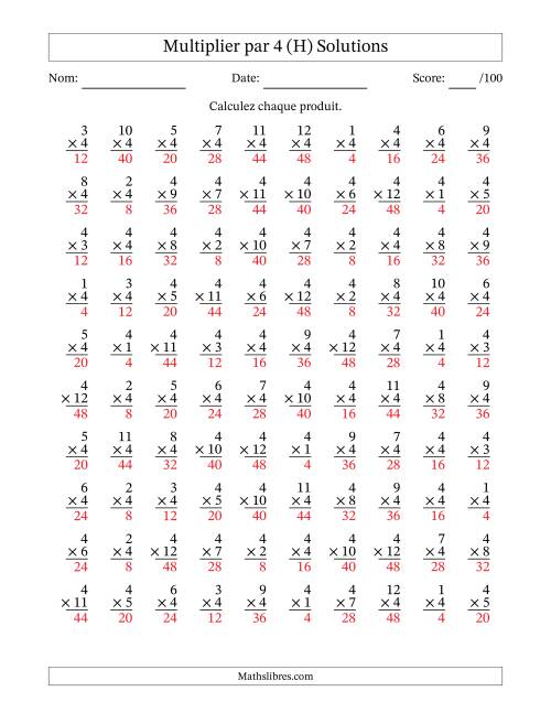 Multiplier (1 à 12) par 4 (100 Questions) (H) page 2