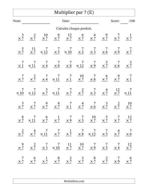 Multiplier (1 à 12) par 7 (100 Questions) (E)