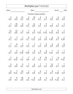 Multiplier (1 à 12) par 7 et 8 (100 Questions)