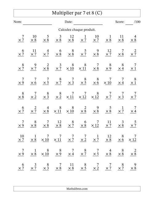 Multiplier (1 à 12) par 7 et 8 (100 Questions) (C)