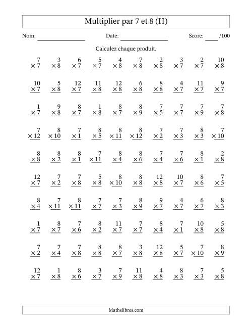 Multiplier (1 à 12) par 7 et 8 (100 Questions) (H)