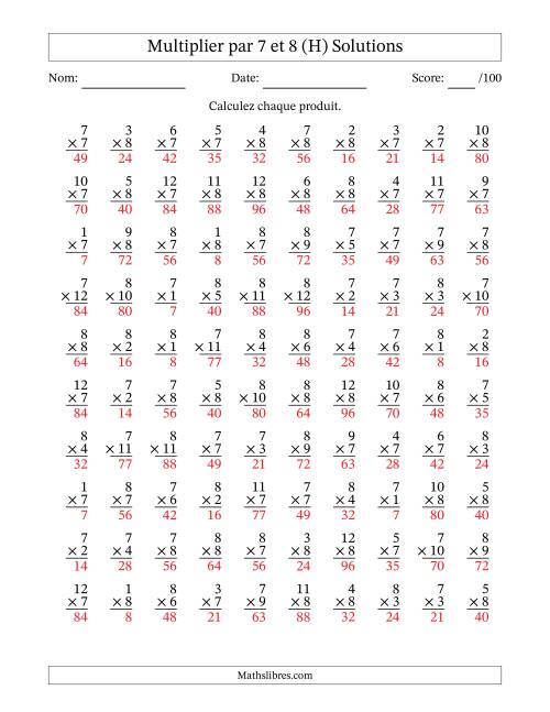 Multiplier (1 à 12) par 7 et 8 (100 Questions) (H) page 2