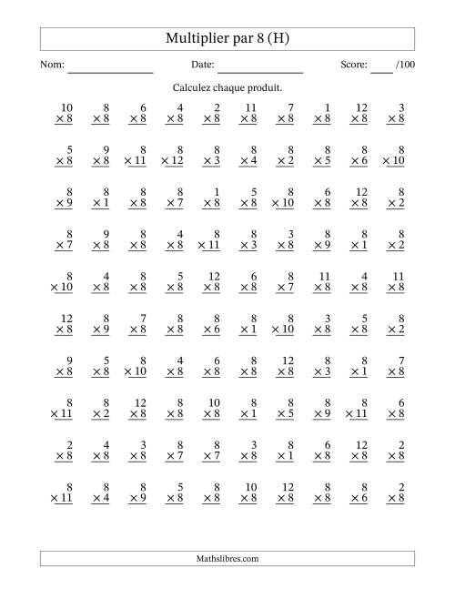 Multiplier (1 à 12) par 8 (100 Questions) (H)