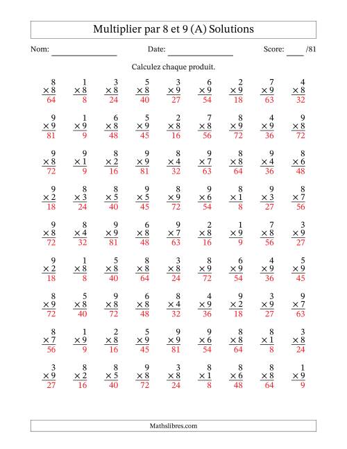 Multiplier (1 à 9) par 8 et 9 (81 Questions) (Tout) page 2
