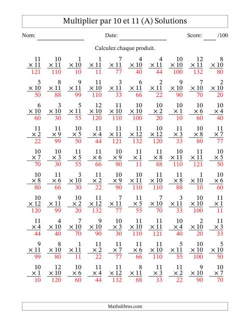Multiplier (1 à 12) par 10 et 11 (100 Questions) (A) page 2
