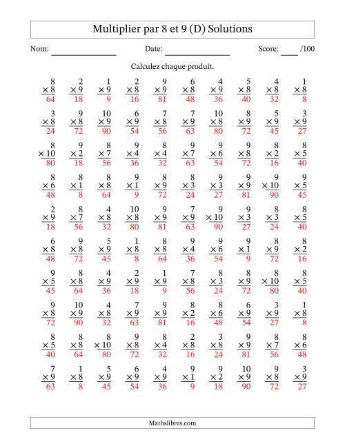 Multiplier (1 à 10) par 8 et 9 (100 Questions) (D) page 2