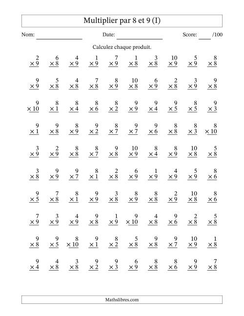 Multiplier (1 à 10) par 8 et 9 (100 Questions) (I)