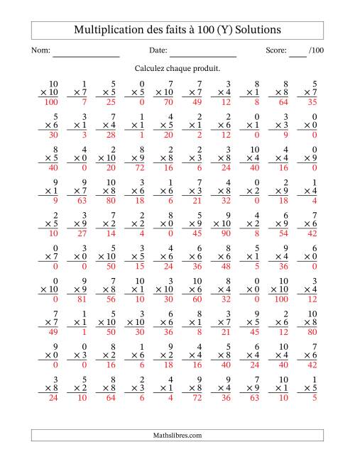 Multiplication des faits à 100 (100 Questions) (Avec zéros) (Y) page 2