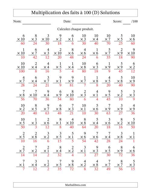 Multiplication des faits à 100 (100 Questions) (Pas de zéros) (D) page 2
