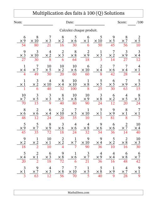Multiplication des faits à 100 (100 Questions) (Pas de zéros) (Q) page 2