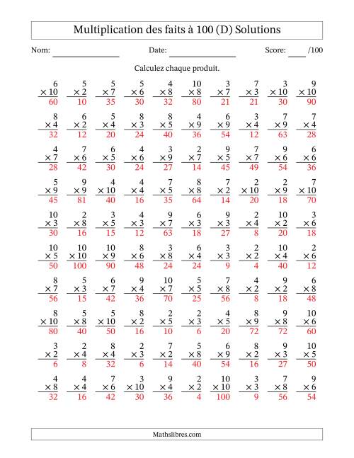 Multiplication des faits à 100 (100 Questions) (Pas de zéros ni de uns) (D) page 2