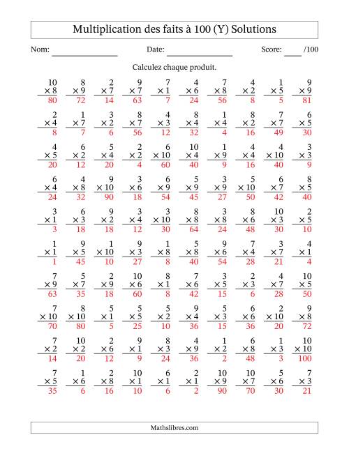 Multiplication des faits à 100 (100 Questions) (Pas de zéros) (Y) page 2