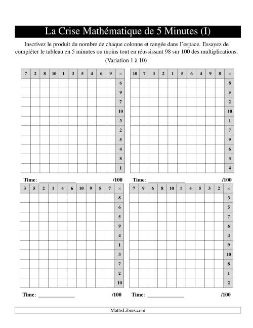 « La Crise Mathématique » de 5 Minutes -- 4 grilles par page (Variation 1 à 10) (Version gauche) (I)