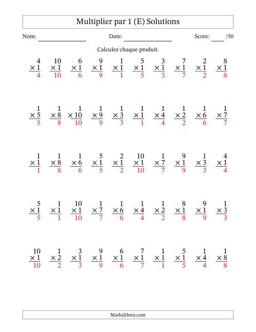 Multiplier (1 à 10) par 1 (50 Questions) (E) page 2