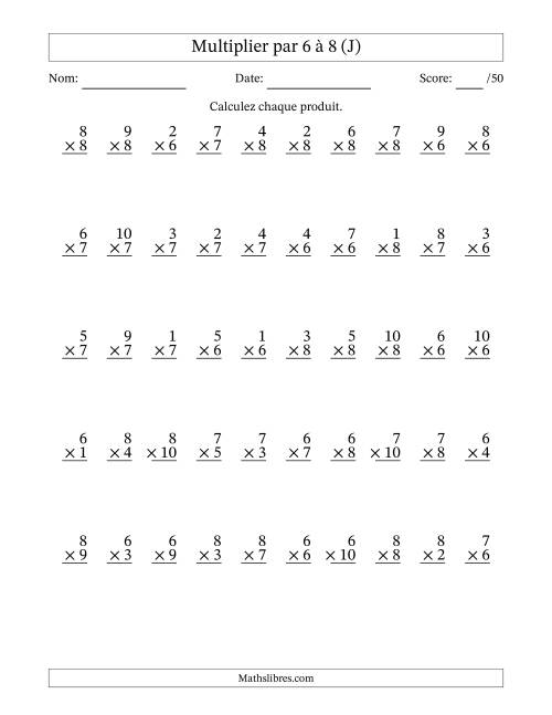 Multiplier (1 à 10) par 6 à 8 (50 Questions) (J)