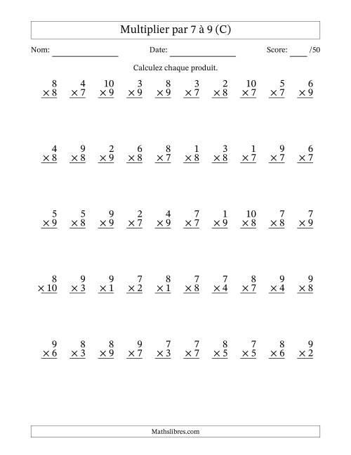 Multiplier (1 à 10) par 7 à 9 (50 Questions) (C)